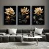 Three paintings, modern abstract gold floral wall art canvas, modern aesthetics, floral poster, beautiful image impression, home