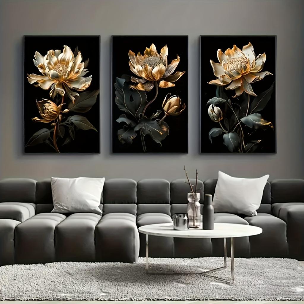 Three paintings, modern abstract gold floral wall art canvas, modern aesthetics, floral poster, beautiful image impression, home