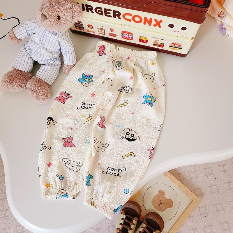 Kids Summer Cotton Double Layer Gauze Mosquito Pants Boys Girls Cartoon Breathable Thin Air Conditioning Casual Trousers