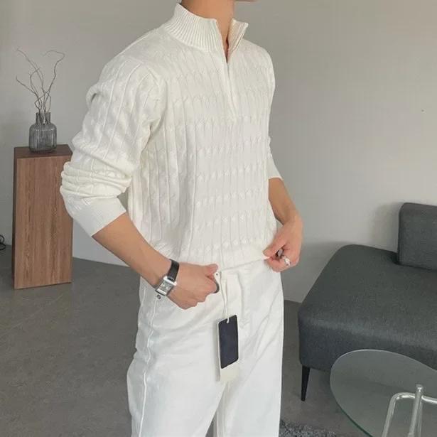 Men's Trendy Cable Knit Zipper Sweater: Loose Fit Half Turtleneck Pullover for Autumn and Winter