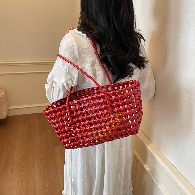 1pc Retro Green & Red Woven Plastic Tote Bag for Women Large Capacity Lightweight Shoulder Bag Durable Handbag for Daily Use, Shopping, Work & Travel