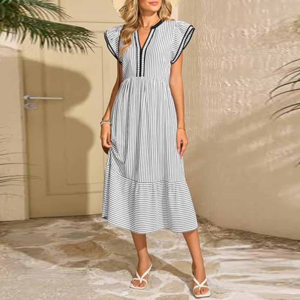 Women’s Striped Midi Dress with Ruffle Sleeves V Neckline and Tiered Hem Lightweight Casual Fit for Summer Wear
