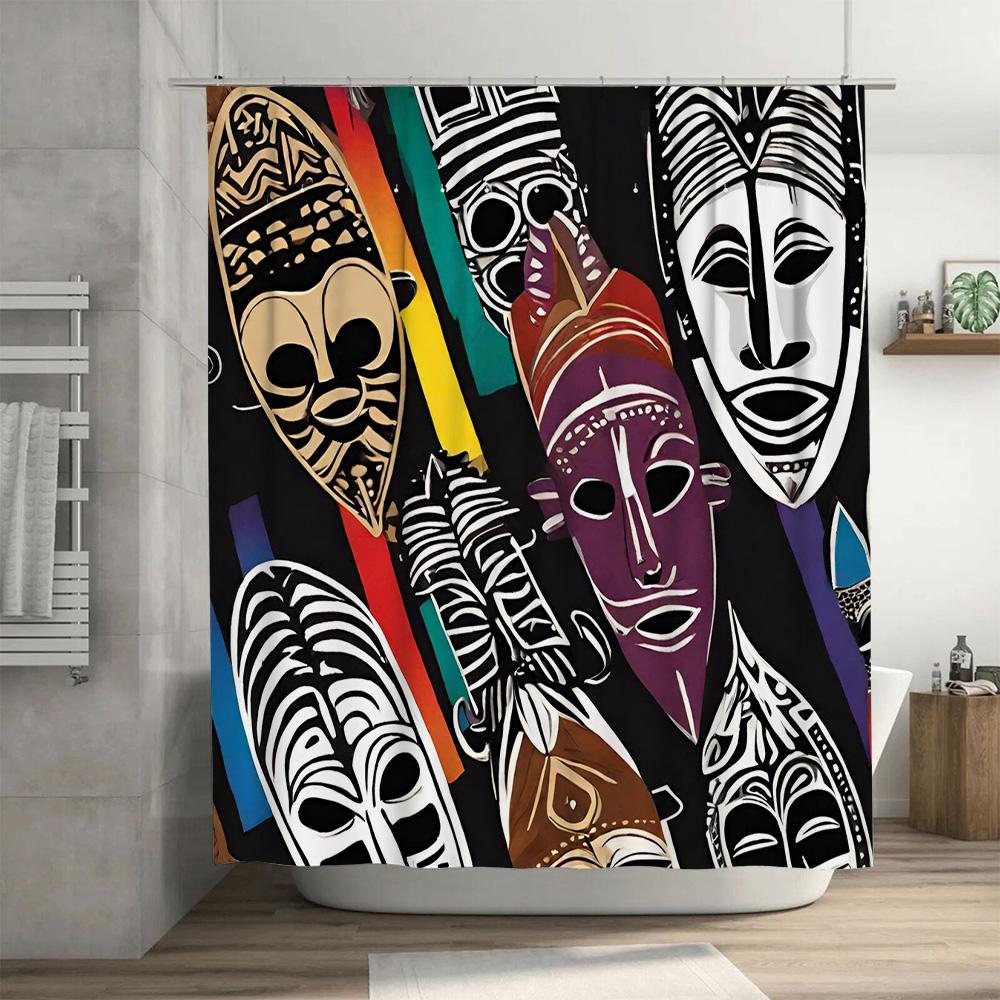Abstract African Mask Design Shower Curtain Black Bathroom Decor Unique Pattern Art Print for Home Bath Accessories