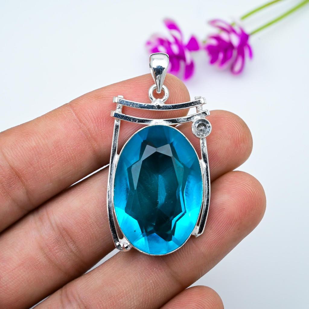 Blue Topaz, White Topaz Pendant, 925 Solid Sterling Silver Jewelry, Gemstone Pendant, Gift For Her Handmade Dainty Jewelry