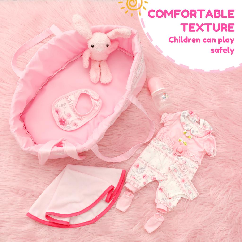 10 Pcs Doll Clothes Set Portable Baby Doll Accessories Set with Bassinet Diaper Pacifier Feeding Bottle for Children Toddler