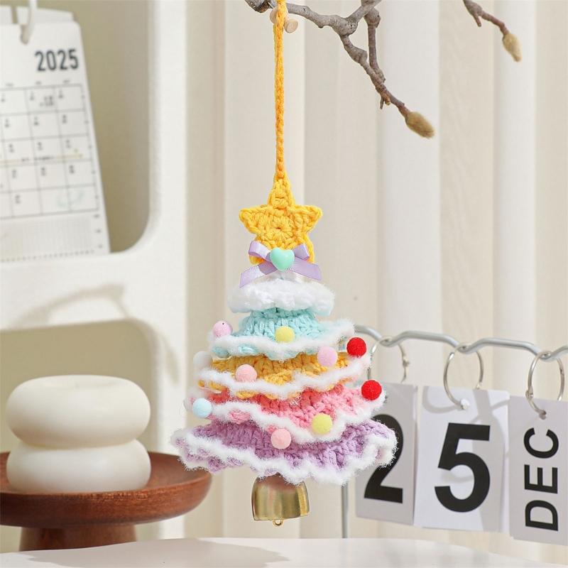 Crocheted Christmas Tree Ornament Soft Hanging Pendant With Bell Portable Holiday Car Decoration