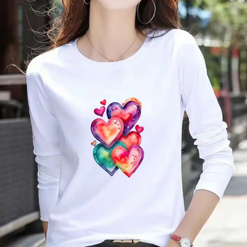 Women's Casual Heart Letter Print Long Sleeve Round Neck T-shirt for Spring & Autumn