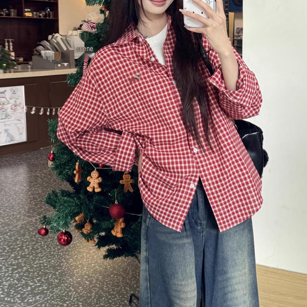 Women's Red Embroidered Plaid Shirt Jacket - Spring 2025 Small Size Casual Fashion