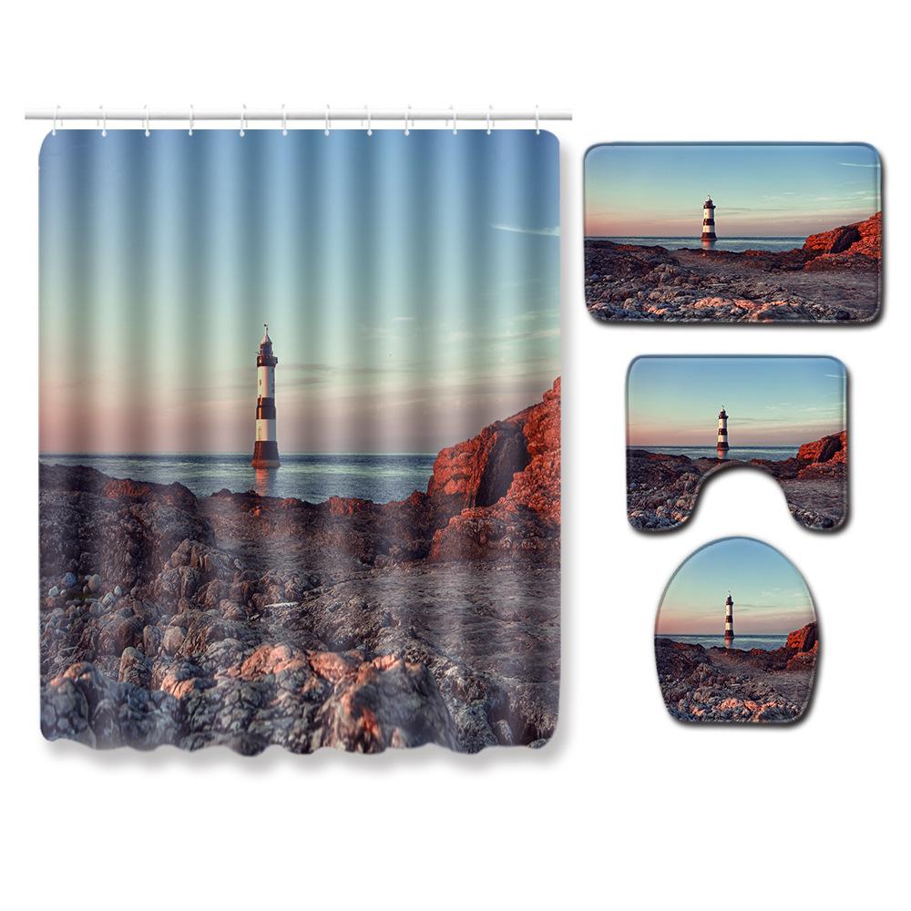 Landscape Shower Curtain Floor Mat Combination Four-Piece Set Bathroom Toilet Carpet Shower Room Mat Foot Mat