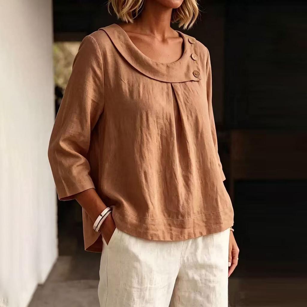 Women's Casual Linen Top with Round Neck and Three-Quarter Sleeves for Work and Daily Wear
