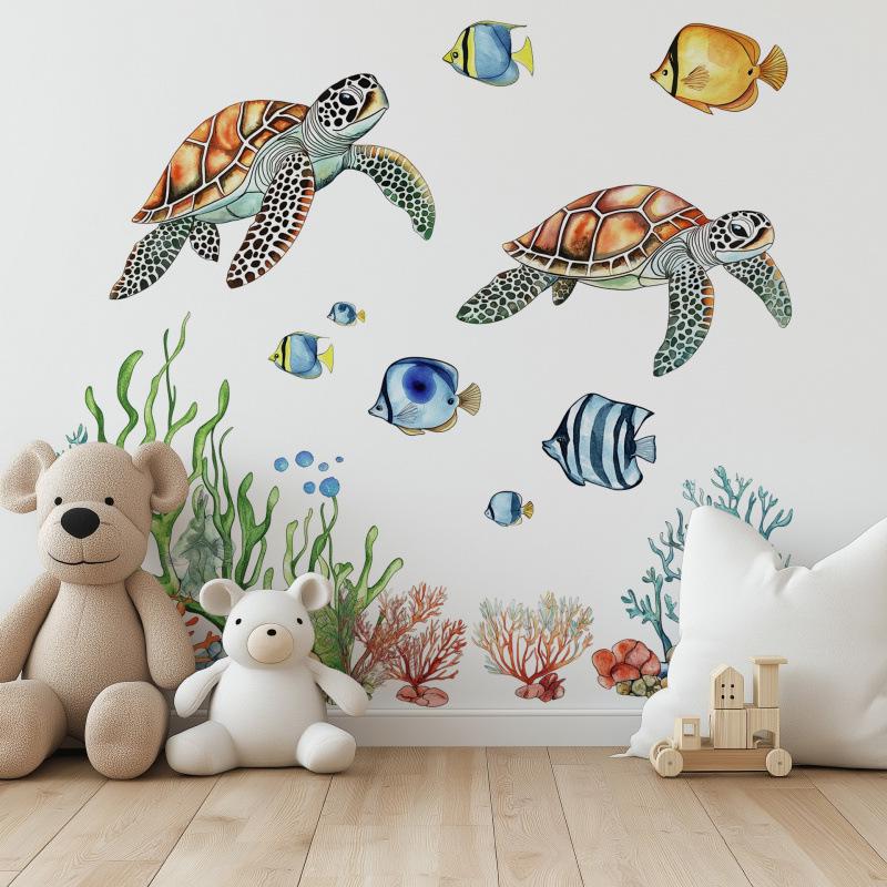 MS362 Sea Turtle & Coral Wall Stickers - Self-Adhesive Ocean Decor for Bathroom