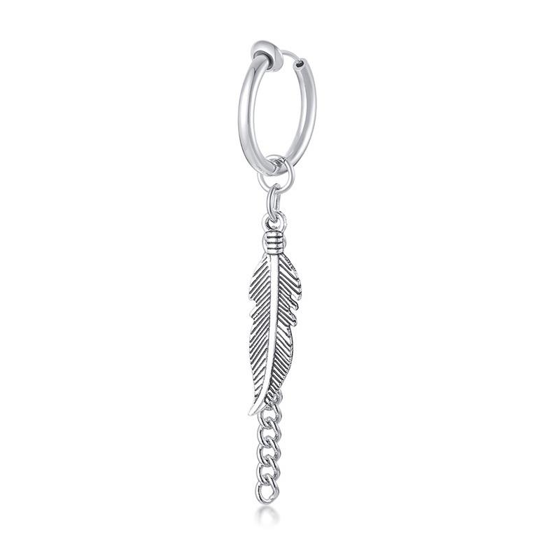 Vnox 1 Piece/Pair Feather Leaf Dangle Earrings for Women Men Jewelry,Stainless Steel Link Chain Drop Punk Ear Clip Accessory