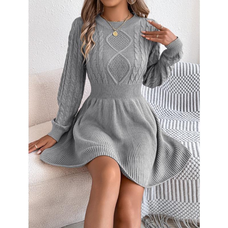 Casual Solid Color Twisted Waist Lantern Long Sleeve A Line Womens Sweater Dress