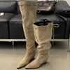 Miting Pointed Pile Boots Women's Boots 2025 Autumn and Winter Heel Suede Strap Pleated Retro Tall Knight Boots