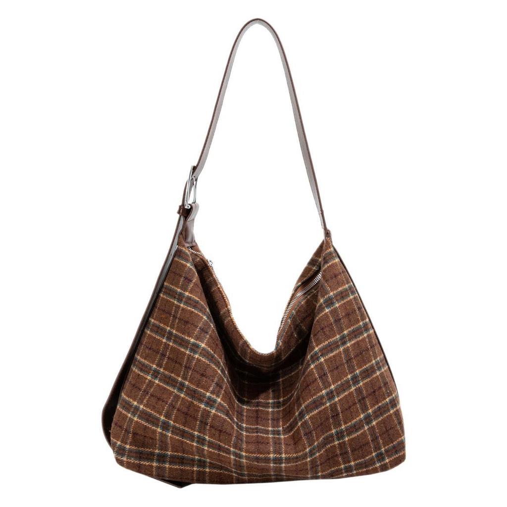 Bow strap shoulder bag casual large capacity dumpling bag women's plaid tote bag