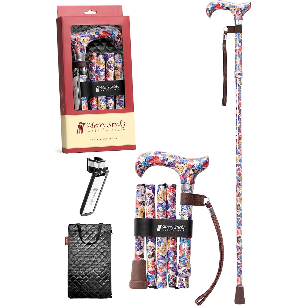 Merry Sticks Folding Cane White with Pouch and Holder for Men and Women