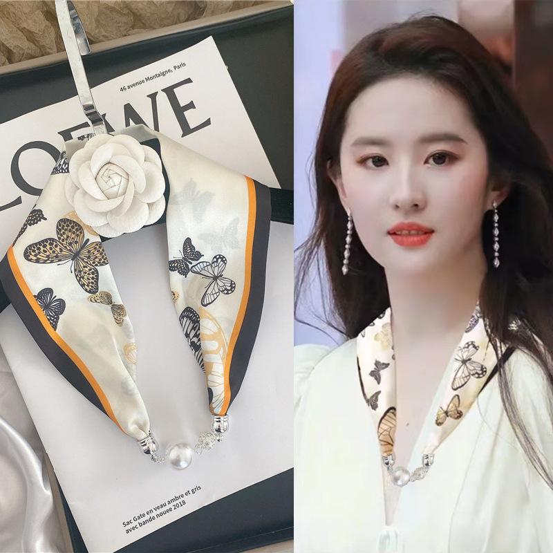 Luxury Design Magnetic Button Summer Silk Scarf Women Magnetic Pearl Necklace Scarves High End Matching Shirt Scarf Lady