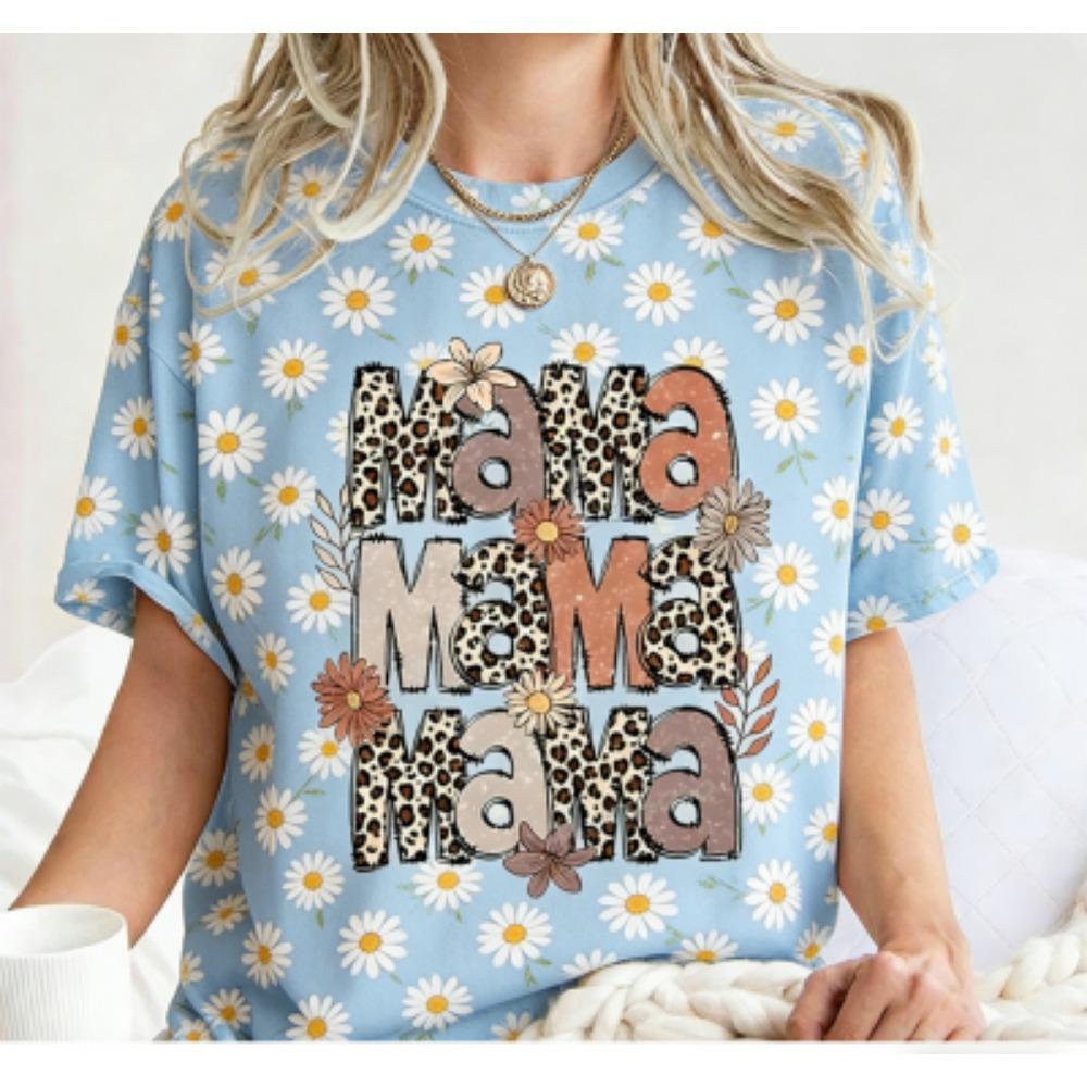 Fashion Funny Striped Flower Leopard Mama Letter Print Kids Short Sleeves T-Shirt Loose Casual Summer Outdoor Street Boy and Girl Tees Tops