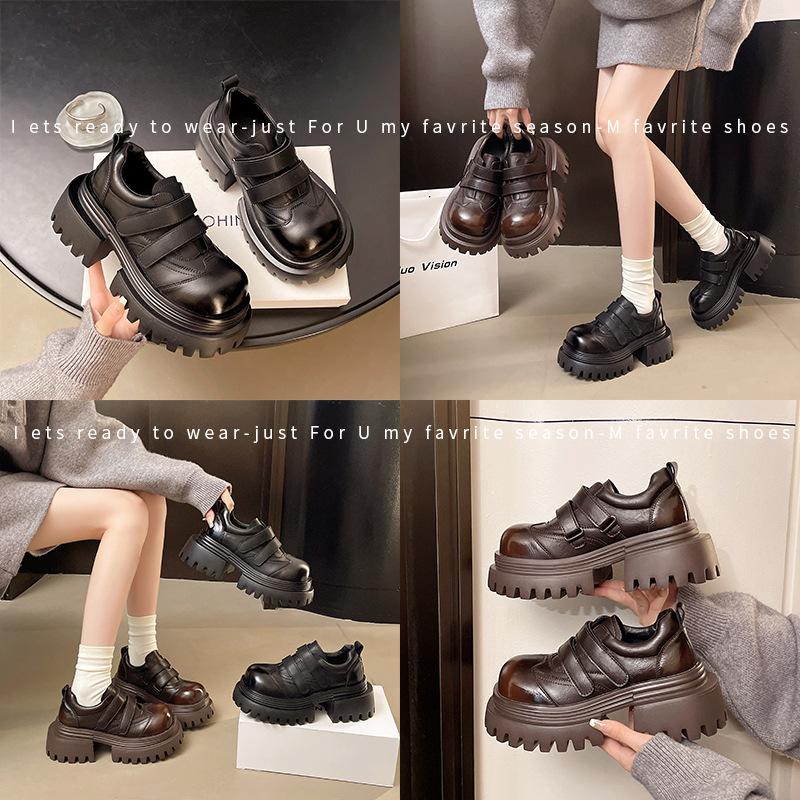 European genuine leather muffin platform small leather shoes women's British style round head derby shoes small heightening loafers single shoes