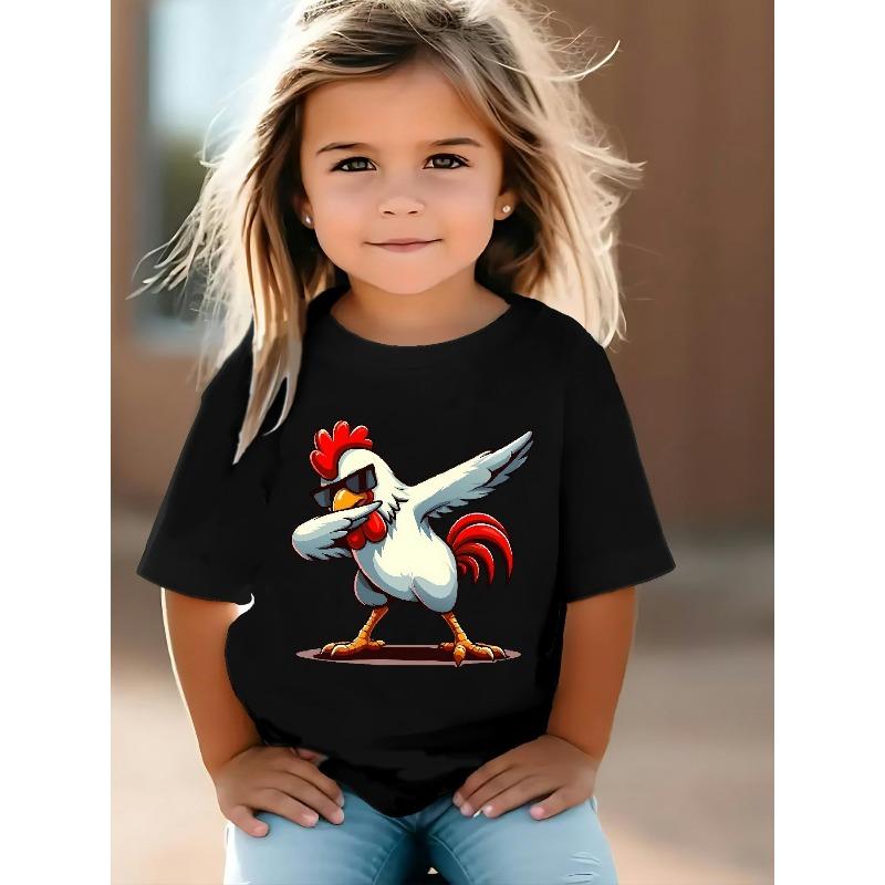 European sizes This Fun and Stylish Short-sleeved Crew Neck T-shirt for Girls Features a Rooster Print with Fashion Glasses, Perfect for Summer Wear