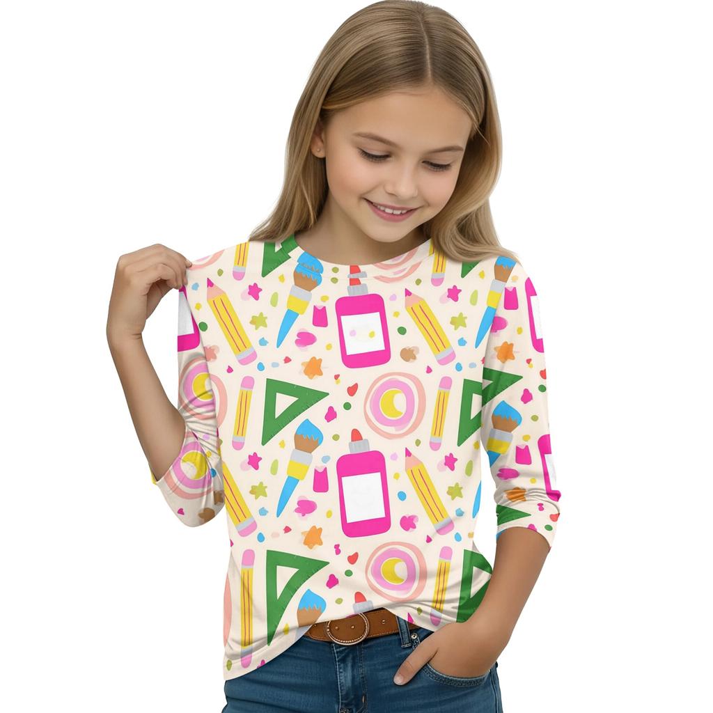 Kids Printed Round Neck Three-Quarter Sleeve Top for Back to School Casual Wear