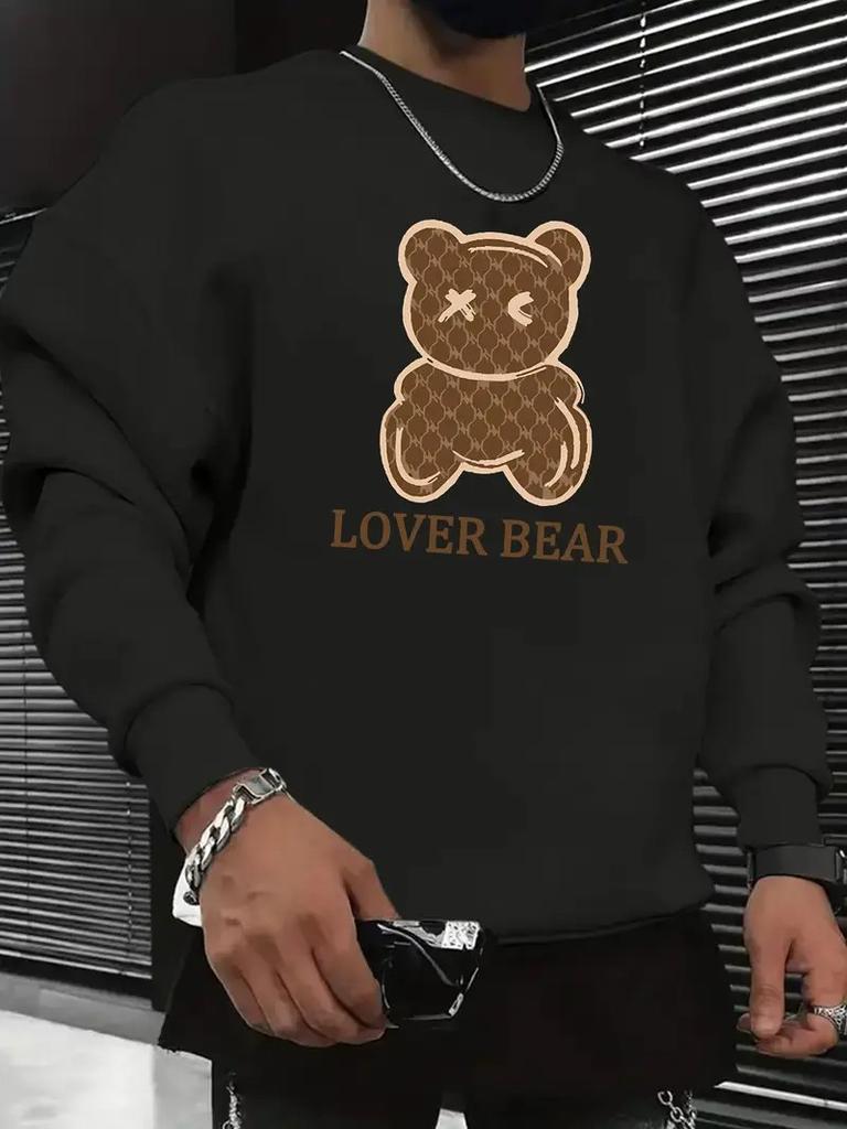 The Men's Round-neck Hoodie for Spring and Autumn Features a Casual and Comfortable 3D Bear Print on the Street