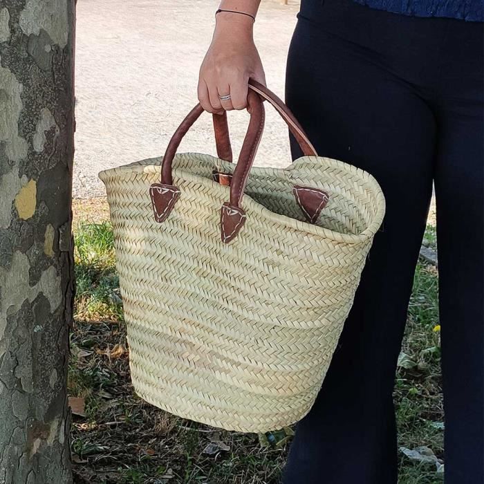 Tote Bag - Natural - Leather Handles - Palm Leaves - White - Woman