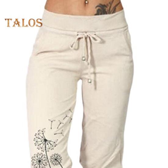 Dámské zkrácené kalhoty se stahovací šňůrkou v pase Letní harémové kalhoty s pampeliškovým potiskem Ležérní sportovní kalhoty s kapsou pro ženy