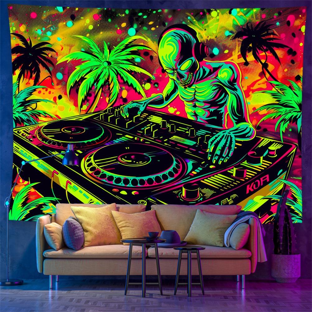 Trippy Kosmita DJ Czarny Światło Gobelin Reaktywny na UV Psychedeliczny Neonowy Dekoracja Ścienna Płaski Druk 2D Skóra Brzoskwiniowa Wystrój Sypialni 150x130