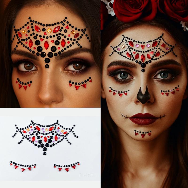 Colorful Skull Flower Face Rhinestone Jewel Stickers Self Adhesive for Music Festival Stage Performance Makeup