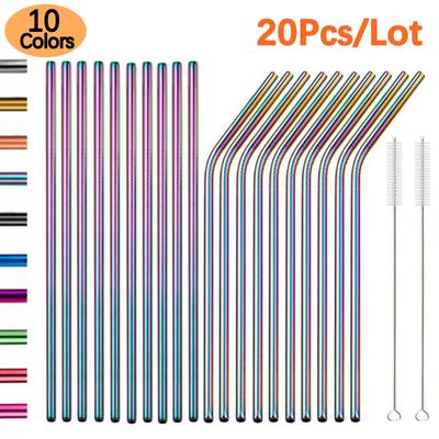 6*215mm Colorful 304 Stainless Steel Drinking Straw Eco-friendly Reusable Metal Bent Straws Set Party Favor Bar Accessory