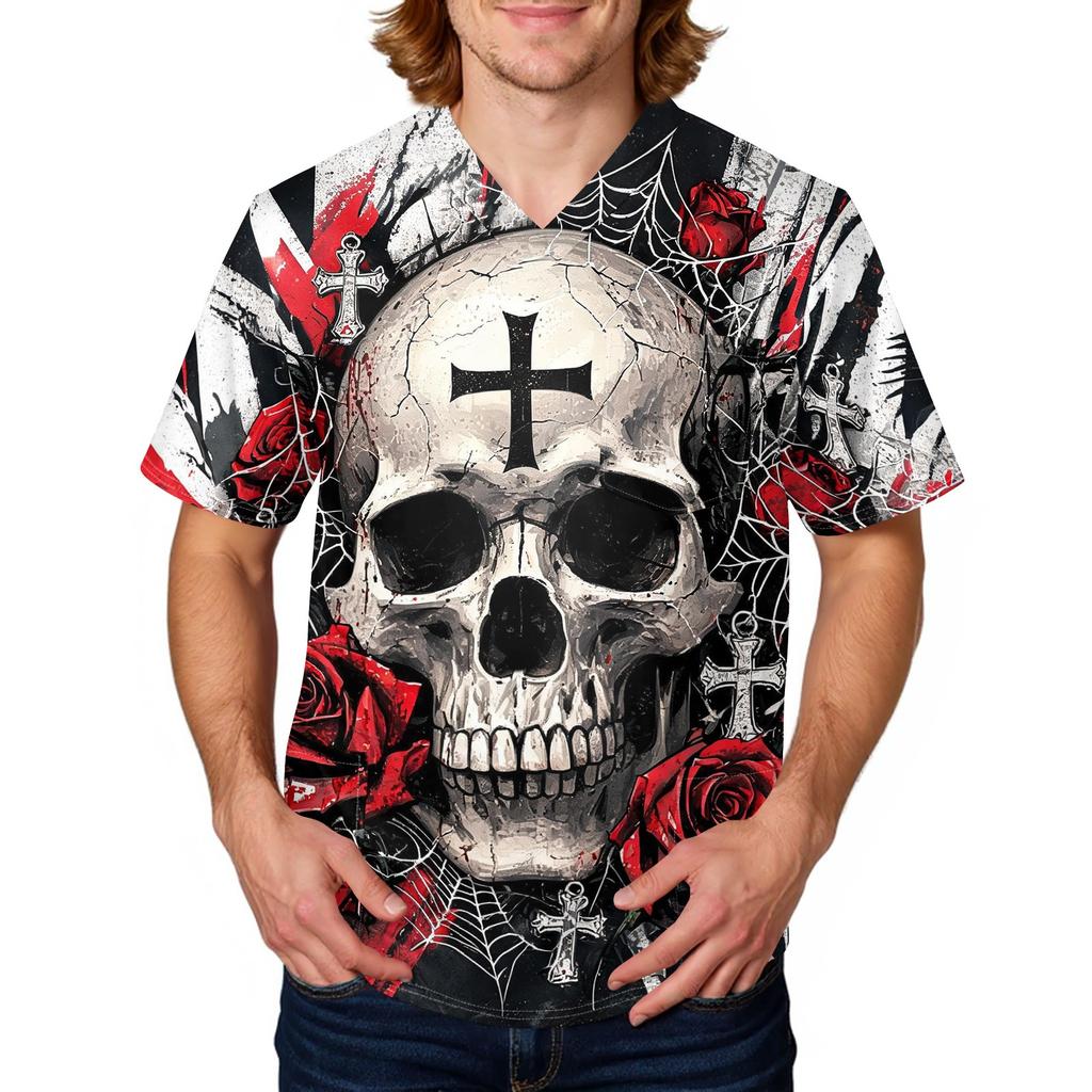 Men's Halloween Print Scrub Top Round Neck Work Uniform Shirt