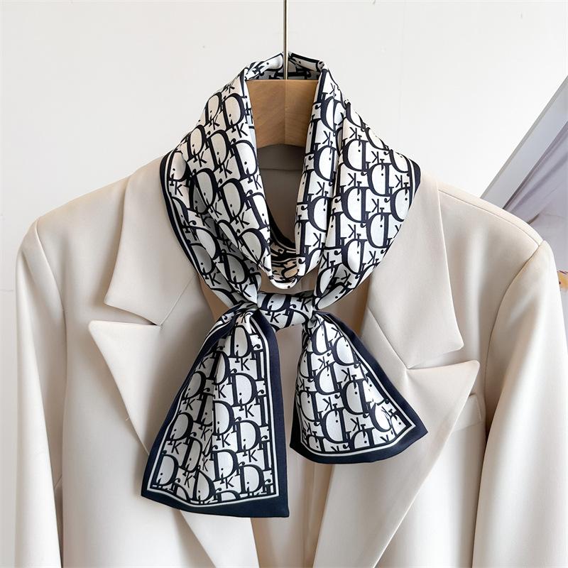 Simple geometric scarf light luxury streamer strap bag decoration suit scarf small long headband silk scarf women's printing narrow