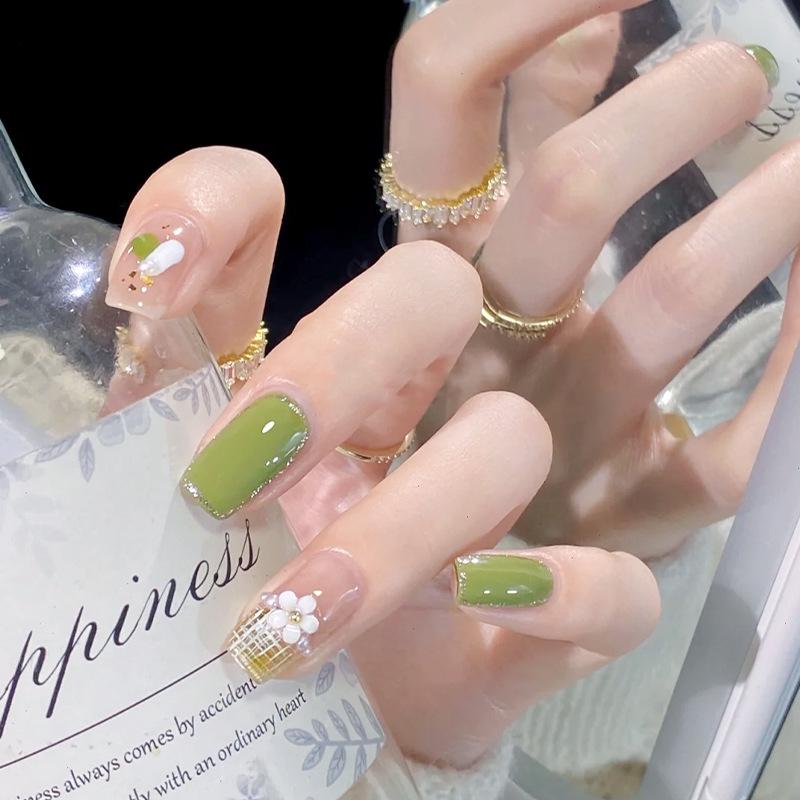 Summer Fresh 3D Pearl Flower Nail Stickers in Matcha Milk Green