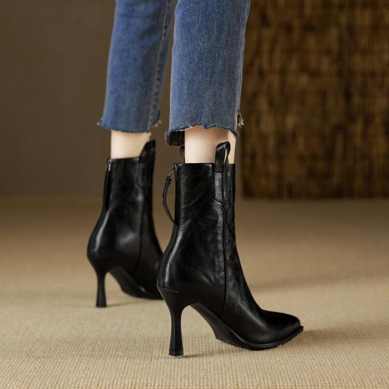 Autumn and winter new high-end pointed toe thin heel single boots high heels leather elegant short boots small ankle boots women