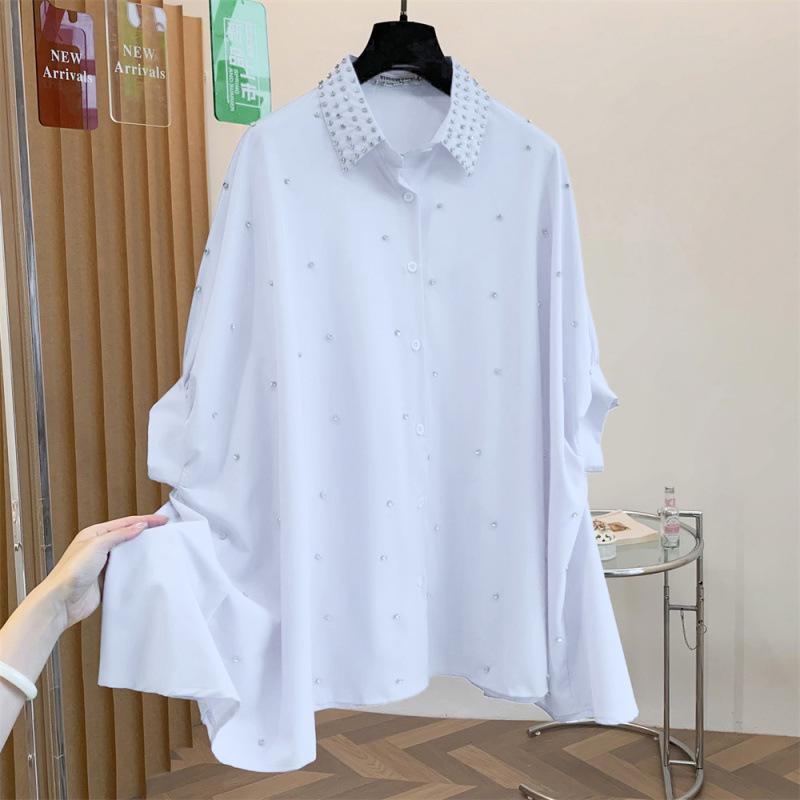 

2026 Spring/Summer Hong Kong Style Rhinestone Batwing Sleeve Plus Size Loose Shirt M синій