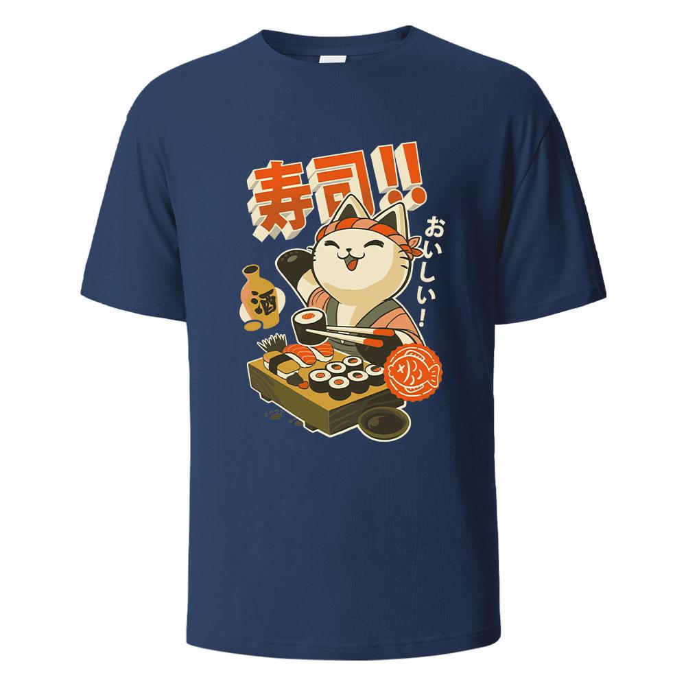 Sushi Cat Print t shirts 100% Cotton Summer Tees For Men Women Oversize Casual Tops t shirts