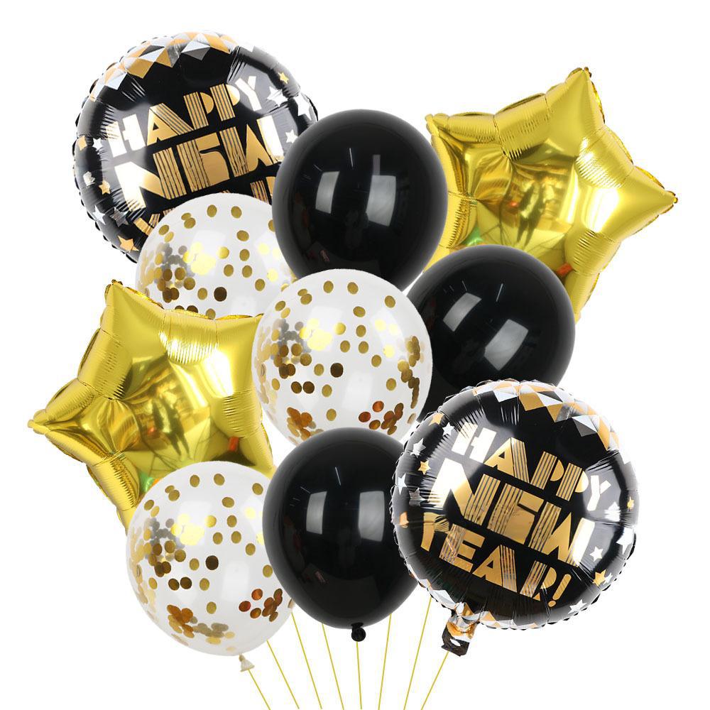 10-Piece New Year'S Theme Happy New Year Pink Rose Gold Aluminum Film Latex Pentagram Balloon Combination