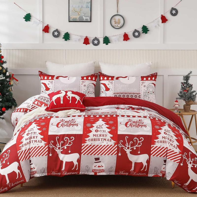 Christmas 3-piece Set Of Festive Reindeer Pattern Quilt Covers With zippers, Including 2 Pillowcases