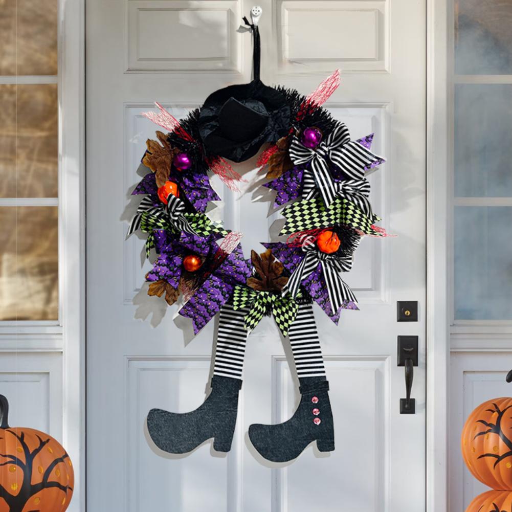 Witch Halloween Wreath Upgrade Version Witch Leg Decoration Front Door Welcome Sign Hanging Halloween Decorations for Home Party