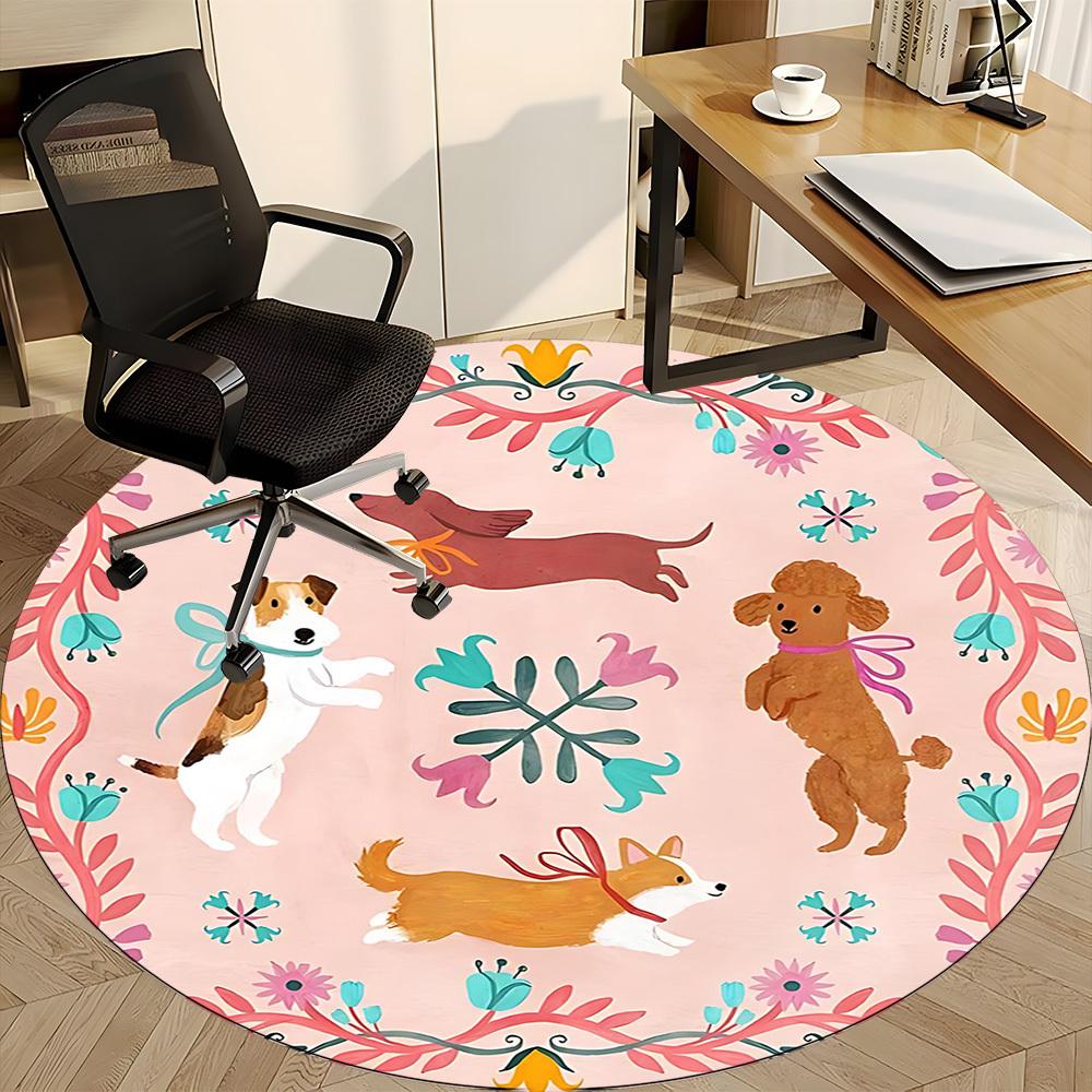 1PC Dogs Floral Office Round Area Rug, Indoor Mat Suitable For Office, Under Office Chairs Bedroom Living Room Home Decor, Room DecoT1223070