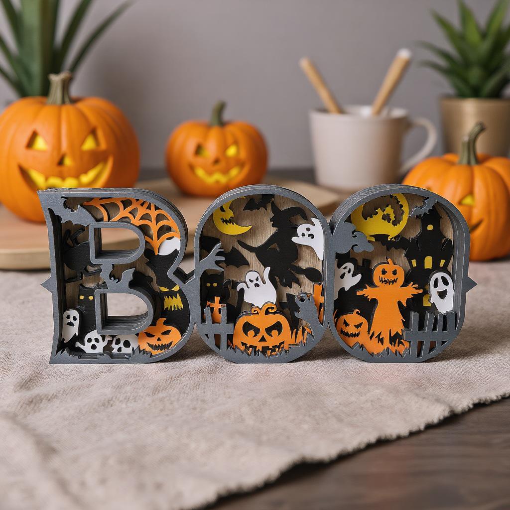 3D Multi-layer Wooden BOO Halloween Letter Sign Ornament