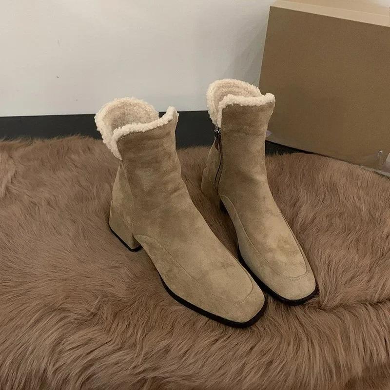 2025 NEW Winter Warm Women Snow Boots Fashion Square Low Heel Ladies Elegant Cotton Short Boots Street Style Square Toe Footwear