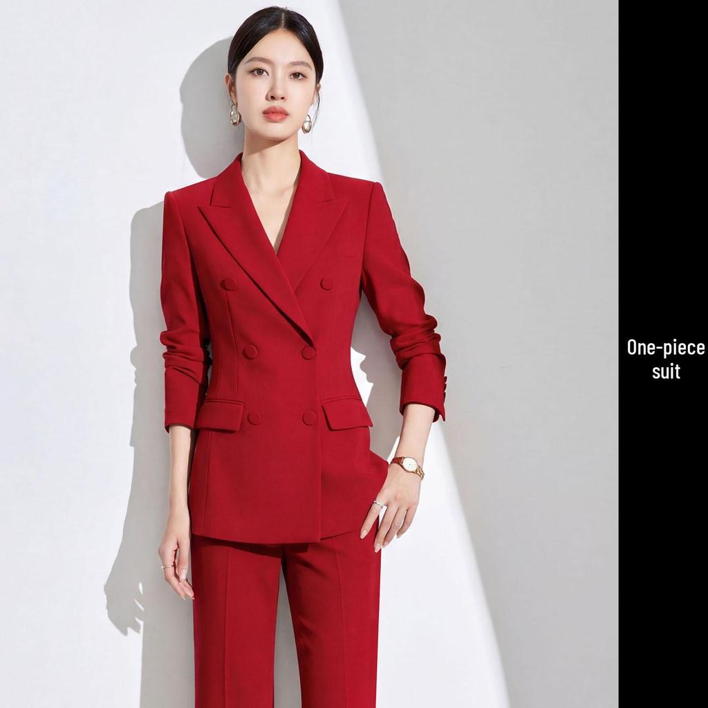 2026 Red Double-Breasted Slim-Fit Suit Set: Spring/Autumn Professional Host Wear