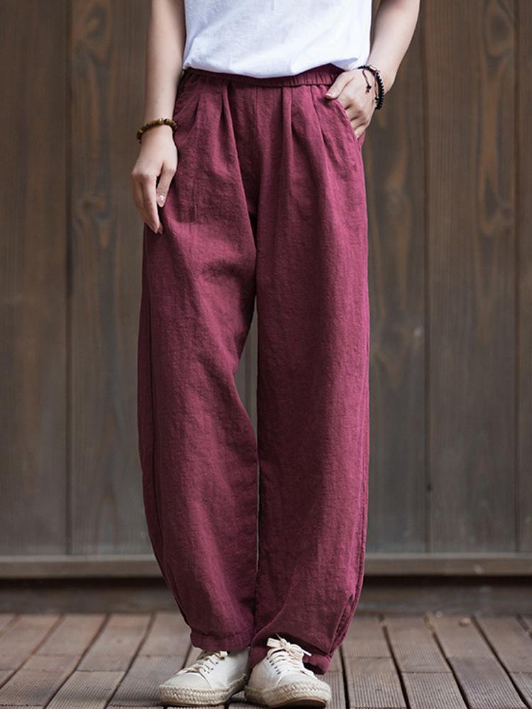 

Johnature женские льняные полосатые брюки однотонные весенние брюки с эластичной резинкой на талии повседневная одежда женские повседневные длинные брюки L вино красного