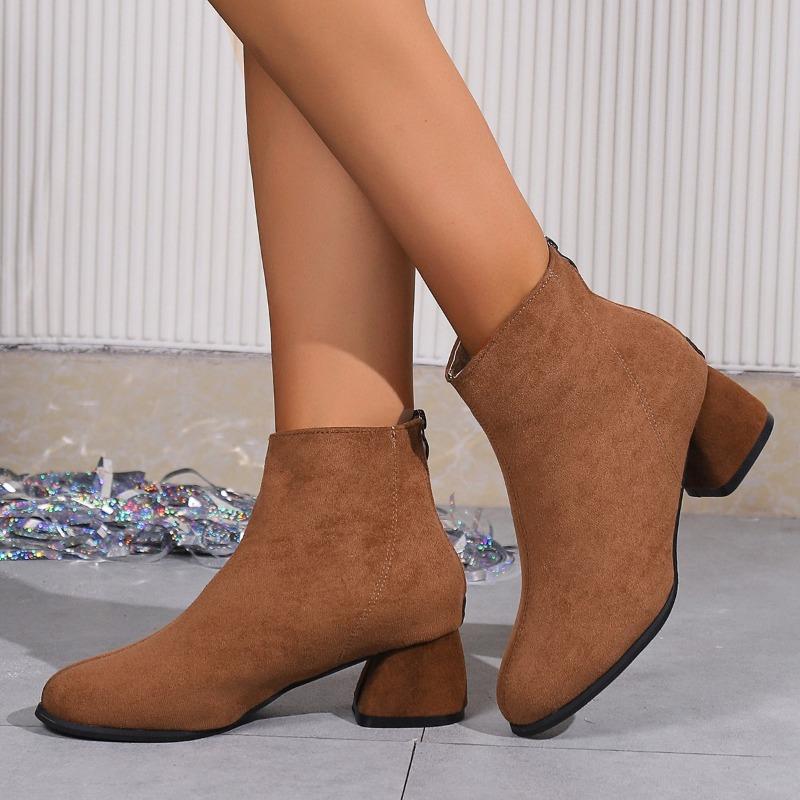 

European and American Thick Heeled Women s Boots 2024 Autumn and Winter New Suede Short Tube Solid Color Simple Women s Shoes 35 коричневий