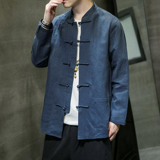 

Men s Autumn Chinese Style Cotton Linen Stand Collar Shirt Jacket 2XL