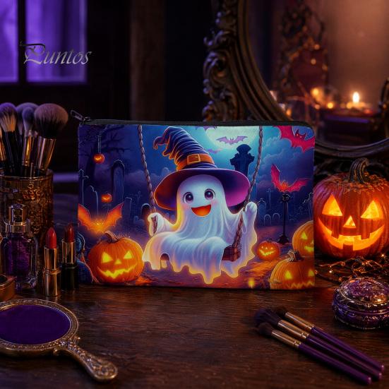 Wear-resistant Canvas Pouch Halloween Storage Bag, with Colorful Cartoon Ghost Print, Durable Travel Bag Makeup Zipper Large Capacity Lightweight