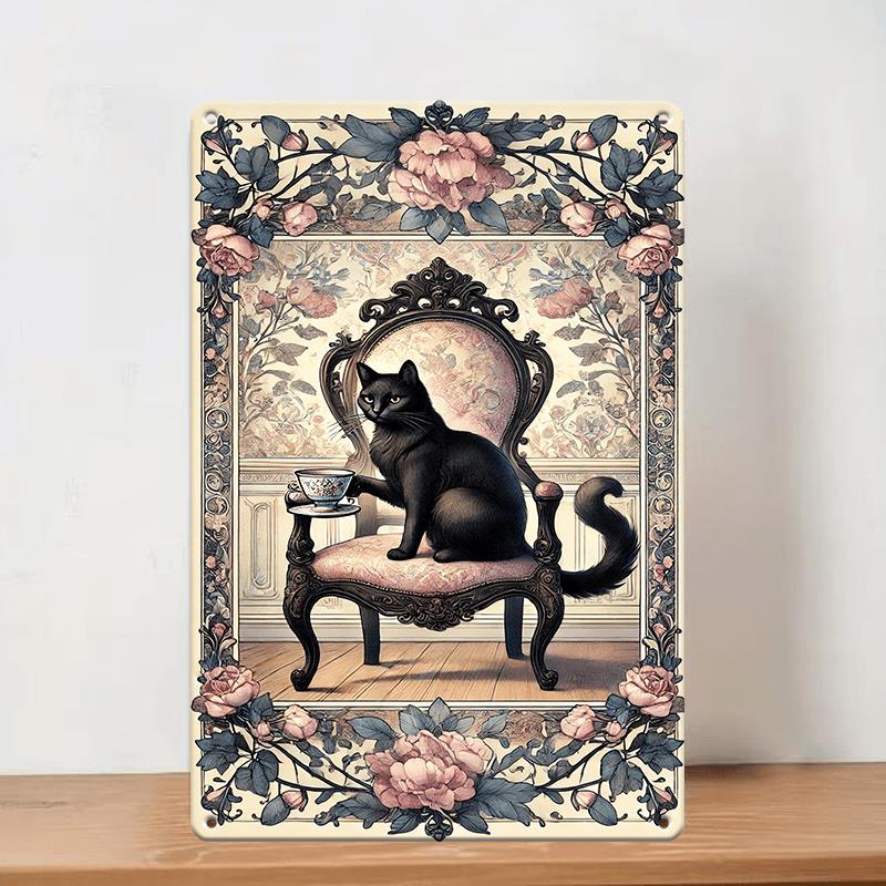 Black Cat Drinking Tea Vintage Art Metal Tin Wall Sign - Charming Feline in Elegant Armchair, Floral Border Design, for Home,