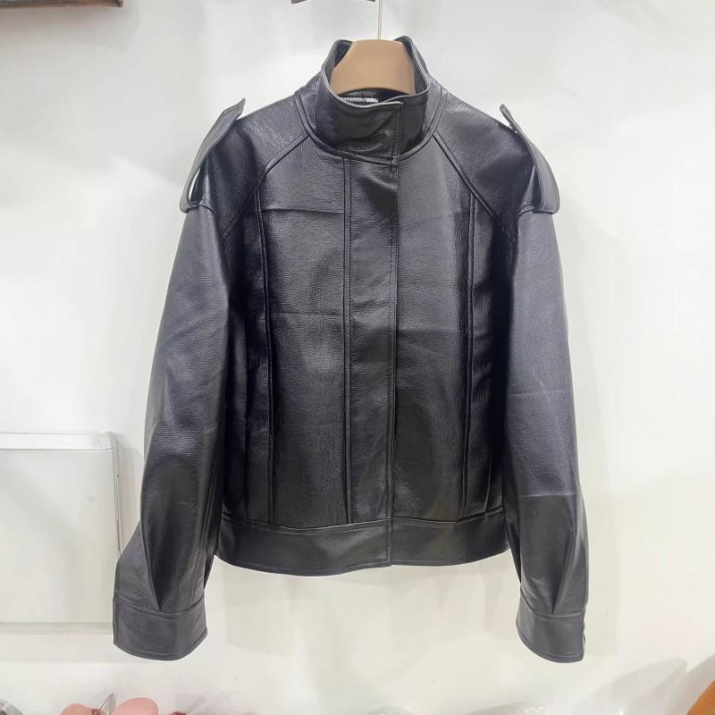 Womens Oversized PU Leather Bomber Jacket 2026 Streetwear Loose Fit Black